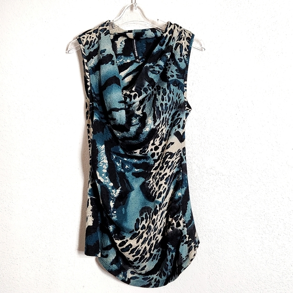 W118 Walter Baker Hi Low Knit Material Tunic Animal Print Teal Top Draped Neck - Picture 8 of 8